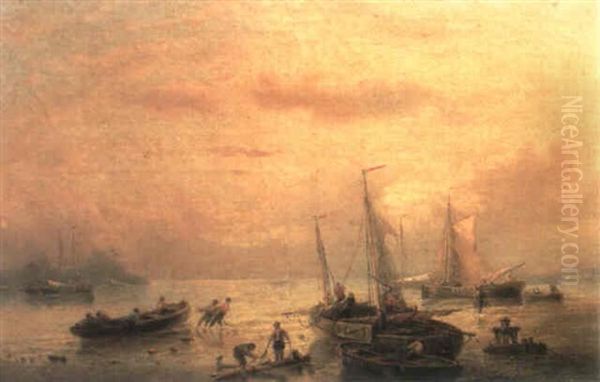 Beached Fishing Vessels Oil Painting by Francois-Etienne Musin