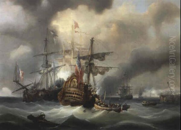 Combat Naval Oil Painting by Francois-Etienne Musin