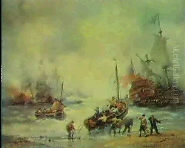 Battleships By The Shore Oil Painting by Francois-Etienne Musin