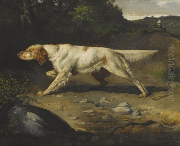 Setter On Point With Hunter In Background Oil Painting by Gustav Muss-Arnolt