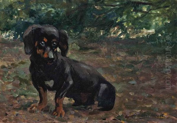 A Dachshund Before A Sunlit Woodland Glade Oil Painting by Gustav Muss-Arnolt