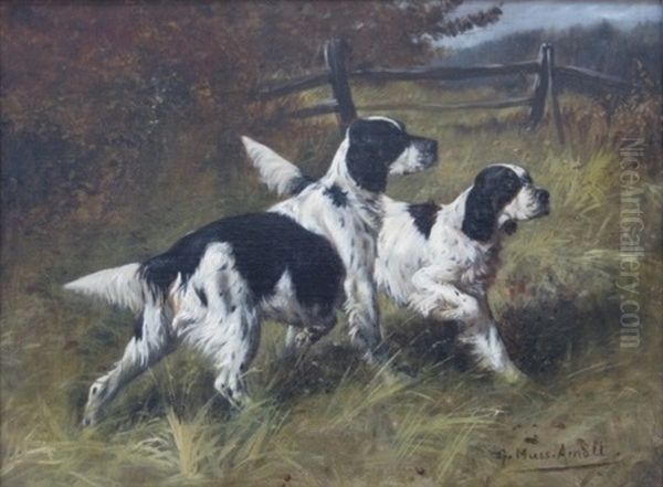 Two Setters In A Landscape Oil Painting by Gustav Muss-Arnolt