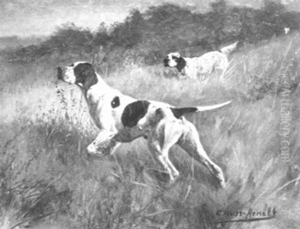 On The Alert/dogs Working A Field Oil Painting by Gustav Muss-Arnolt