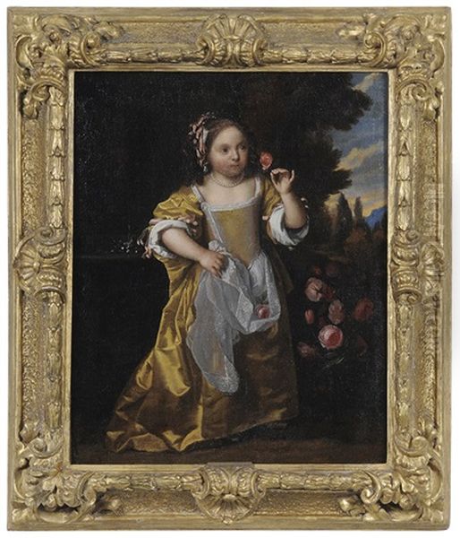 Young Child With Roses By A Fountain Oil Painting by Michiel van Musscher