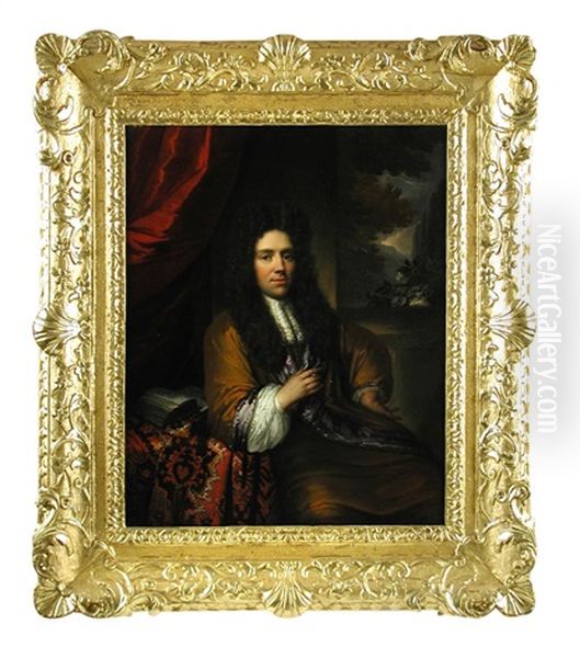 Portrait Of A Gentleman In A Brown And Purple Cloak Oil Painting by Michiel van Musscher