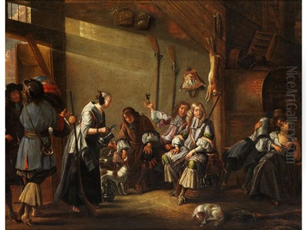 Heimkehrende Jager In Einer Herberge Oil Painting by Michiel van Musscher