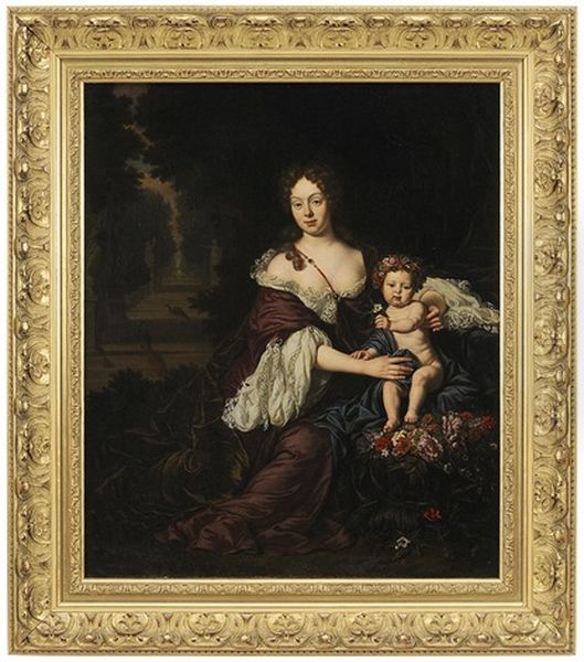 Portrait Of A Lady And Child In A Park Landscape Oil Painting by Michiel van Musscher