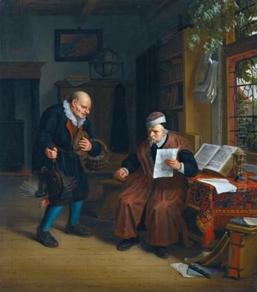 A Peasant Offering Poultry To A Lawyer Oil Painting by Michiel van Musscher