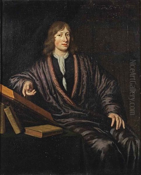 Portrait Of A Young Gentleman, Three-quarter-length, In A Silk Purple Japonse Rok, Seated At A Table In His Study With Books And An Open Manuscript Oil Painting by Michiel van Musscher