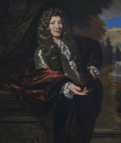 Portrait Of A Gentleman, Three-quarter-length, In A Grey Coat And Red Robe, In A Landscape Oil Painting by Michiel van Musscher