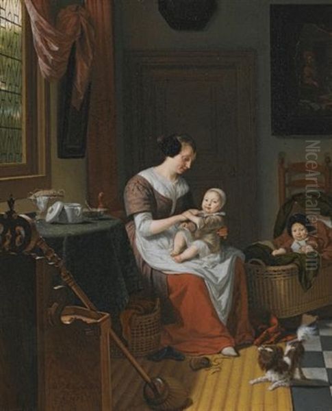 An Interior Scene With Eva Visscher, The Artist's Wife, With A Child In Her Lap And Another Child In A Cot, Beside Them A Dog Oil Painting by Michiel van Musscher