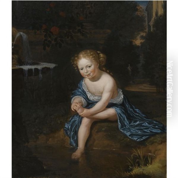 A Young Girl With A Blue And White Satin Dress, Washing Her Feet In A Pond, In A Formal Garden Setting Oil Painting by Michiel van Musscher