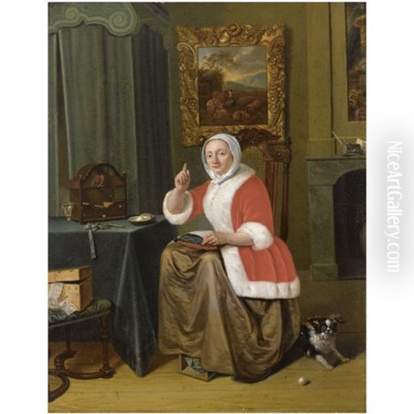 A Lady Sitting In An Interior, Embroidering At A Table With A Bird In A Birdcage, Together With A Dog Oil Painting by Michiel van Musscher