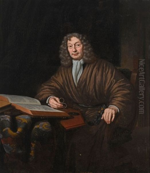 A Portrait Of A Gentleman In His Study, Seated Three-quarter Length At A Table Wearing A Robe, Reading A Book And Holding A Pair Of Glasses In His Hand Oil Painting by Michiel van Musscher