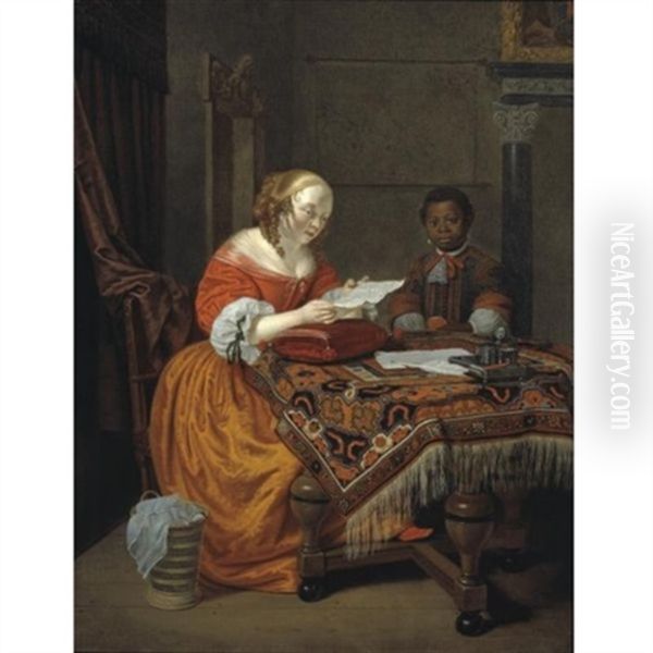 An Interior With A Young Girl, Seated At A Table Covered With An Indian Carpet And Reading A Letter, Attended By A Negro Page Oil Painting by Michiel van Musscher