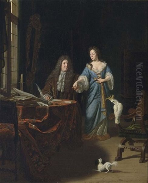 A Portrait Of An Elegant Couple Behind A Table In An Elaborate Interior Oil Painting by Michiel van Musscher