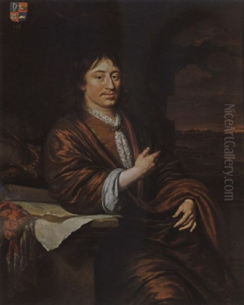 A Portrait Of Gerard Pietersz Hulft, Wearing A Red Overcoat Over A Yellow Suit With A White Lace Chabot, Leaning On A Pedestal Oil Painting by Michiel van Musscher