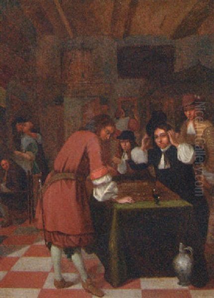 Tric-trac Players In An Inn Oil Painting by Michiel van Musscher