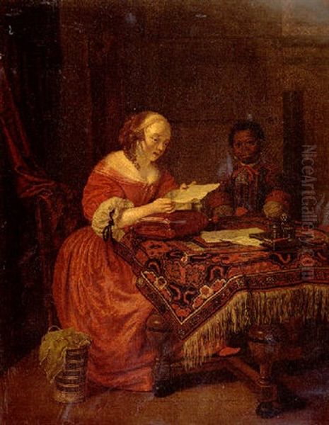 An Interior With A Young Girl, Seated At A Table Covered With An Indian Carpet And Reading A Letter, Attended By A Negro Page Oil Painting by Michiel van Musscher