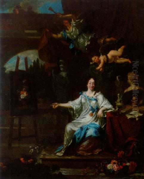 An Allegorical Portrait Of An Artist (rachel Ruysch?) In A White Dress With A Blue Sash Holding A Paint Brush Before An Easel Oil Painting by Michiel van Musscher