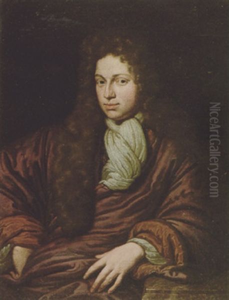 Portrait Of A Gentleman Wearing A Purple Robe With Coral Lining, His Arm Resting On A Marble Ledge Oil Painting by Michiel van Musscher