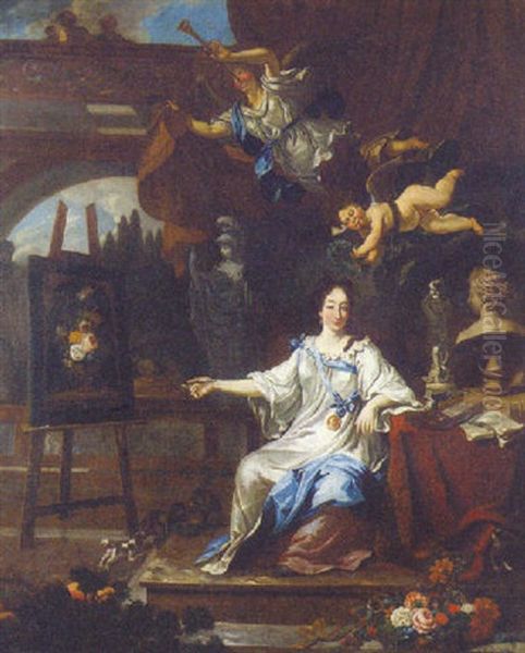 An Allegorical Portrait Of An Artist (rachel Ruysch?) With A Paintbrush Before An Easel, An Angel Blowing A Horn With A Putto Holding A Laurel Wreath Above Oil Painting by Michiel van Musscher