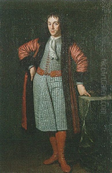 Portrait Of A Gentleman Wearing A Red Fur-lined Coat, A Green Quilted Banyan, A Venetian Cravat, A Turkish Belt And Moroccan Leather Boots Oil Painting by Michiel van Musscher