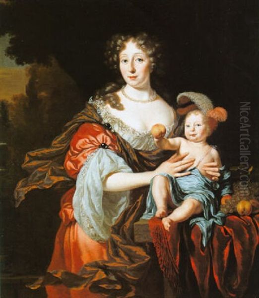 A Portrait Of A Lady, Wearing A Pink Dress And Holding Her Infant Son Oil Painting by Michiel van Musscher