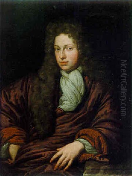 Portrait Of A Seated Young Man, Wearing A Wig And A Red Silk Coat Oil Painting by Michiel van Musscher