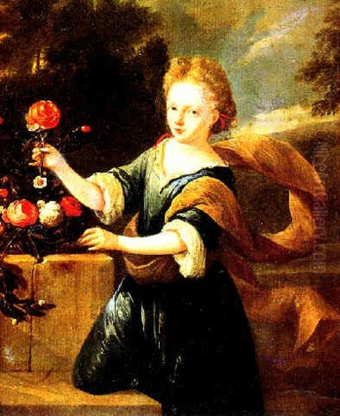 Portrait D'une Jeune Fille Tenant Une Rose Oil Painting by Michiel van Musscher