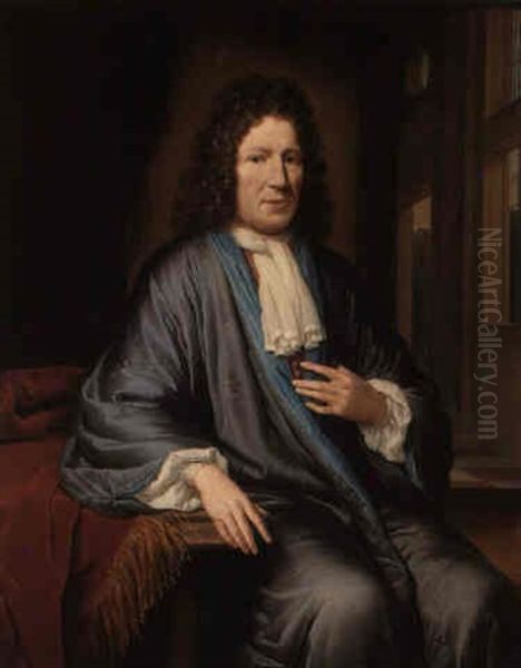 Portrait Of A Man Wearing A Blue Dressing Gown, With His Arm On A Table Oil Painting by Michiel van Musscher