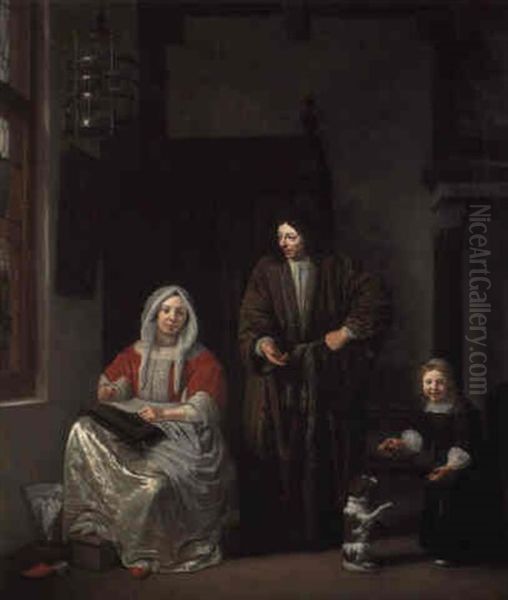 A Lady, Seated Making Lace, With Her Husband And Child, A Dog Nearby Oil Painting by Michiel van Musscher