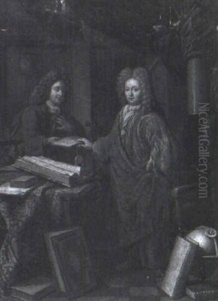 Portrait Of A Gentleman And His Secretary Standing At A Desk Oil Painting by Michiel van Musscher