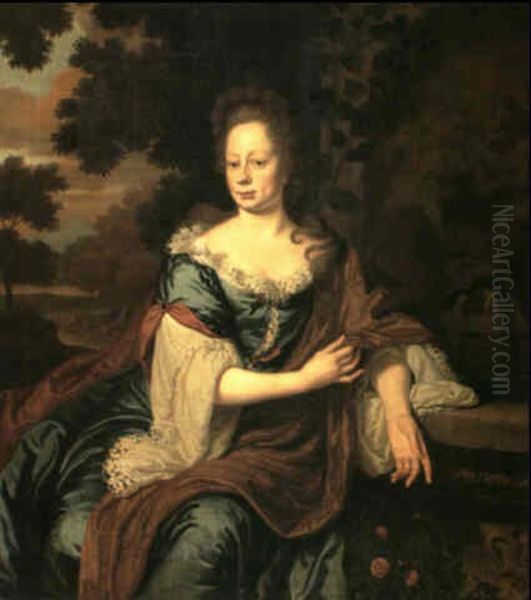 A Portrait Of A Lady, Seated, Three Quarter Length Her Left Arm Resting Against The Edge Of A Fountain Trough Oil Painting by Michiel van Musscher