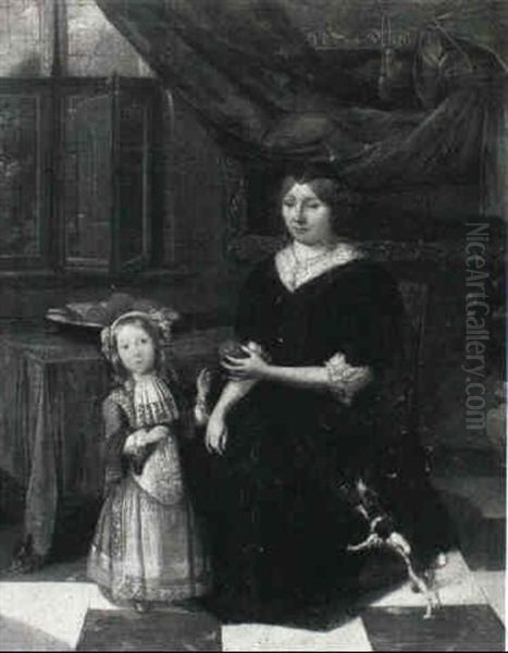 Mother And Child In An Interior With Their Pet Dog Oil Painting by Michiel van Musscher