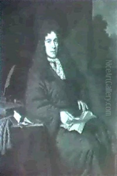 Portrait Of A Gentleman, Seatesmall Three Quarter Length,   Wearing A Brown Dressing Gown With Lace Cravat And Wig, Hold Oil Painting by Michiel van Musscher