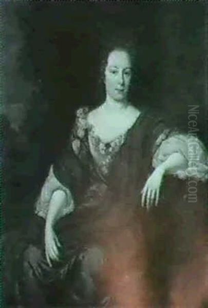 Portrait Of A Lady, Seated, Small Three Quarter Length On   A Terrace, Wearing A Dark Red Silk Dress, White Chemise And Oil Painting by Michiel van Musscher