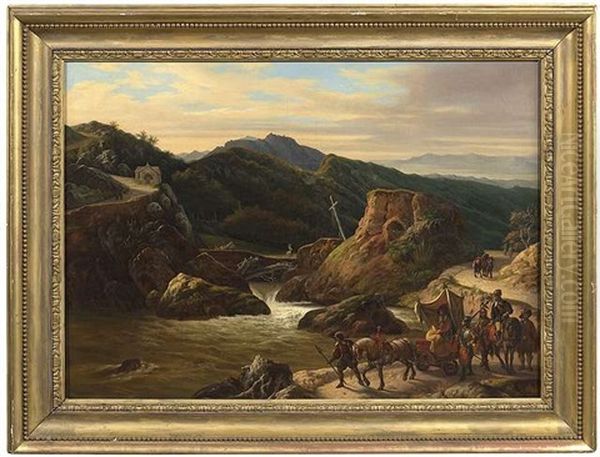 Weite Italienische Gebirgslandschaft Im Abendlicht. Ein Vorhnehmes Paar In Einem Wagen Wird Von Soldaten Eskortiert Oil Painting by Cesare Mussini