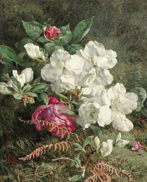 Blossom And Roses On A Mossy Bank, A Wild Bouquet With Orchids; A Pair Oil Painting by Anne Ferray Mutrie