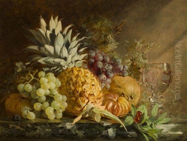 A Still Life With Pineapple, Grapes And A Crystal Goblet Oil Painting by Anne Ferray Mutrie