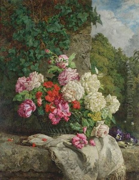 Still Life With Flowers On A Rocky Ledge Oil Painting by Anne Ferray Mutrie