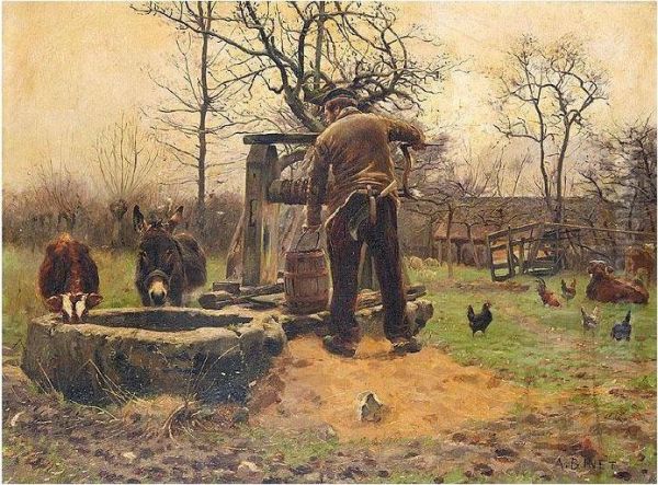 Livestock Around The Well Oil Painting by Adolphe Binet