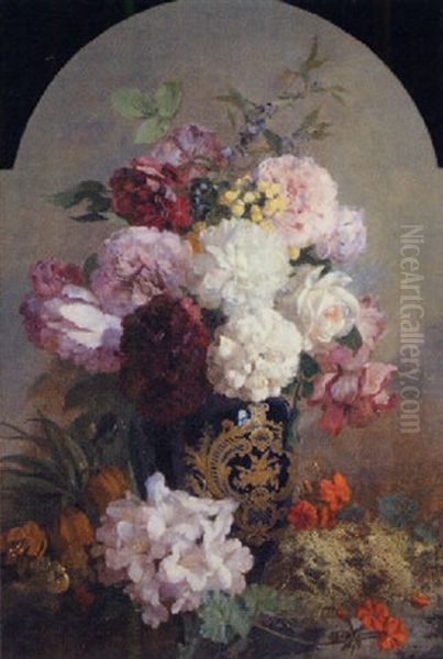 A Still Life Of Paeonies, Roses, Geraniums And Rhododendrons In A Vase Oil Painting by Anne Ferray Mutrie