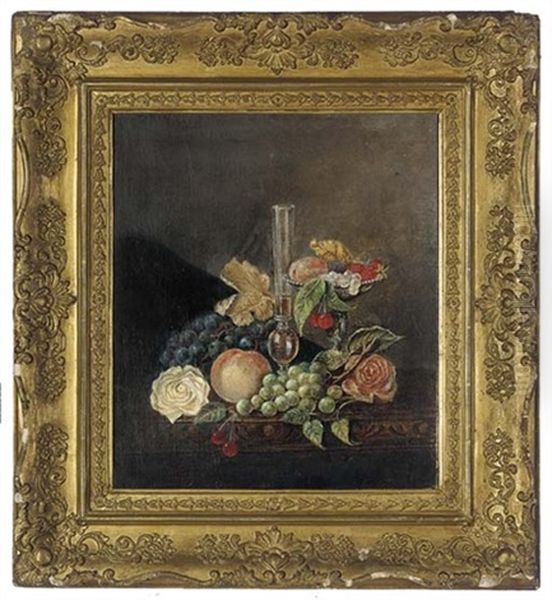 Grapes, Roses, Peaches, Cherries, Strawberries And A Glass Vase, On A Table Oil Painting by Martha Darley Mutrie