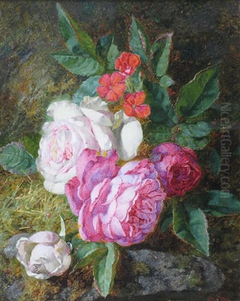 A Posy Of Roses On A Mossy Bank Oil Painting by Martha Darley Mutrie