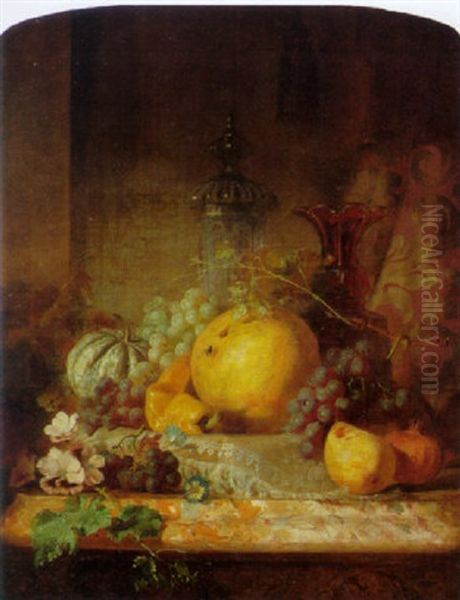 Still Life With Fruit And Vine Leaves Oil Painting by Martha Darley Mutrie