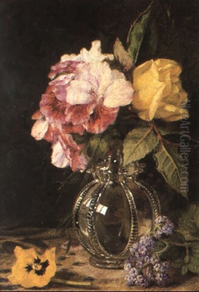 Roses, Heliotrope And Pansy In A Glass Vase Oil Painting by Martha Darley Mutrie