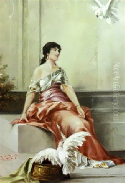 A Lady With Cockatoos Oil Painting by Kamil Vladislav Muttich