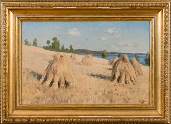 Hay Stacks Oil Painting by Elias Muukka