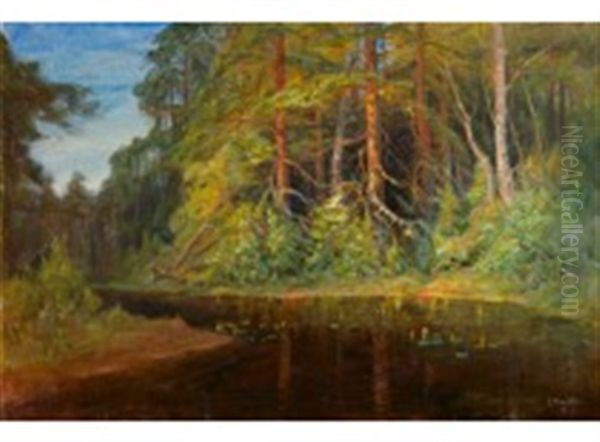 Forest Pond Oil Painting by Elias Muukka